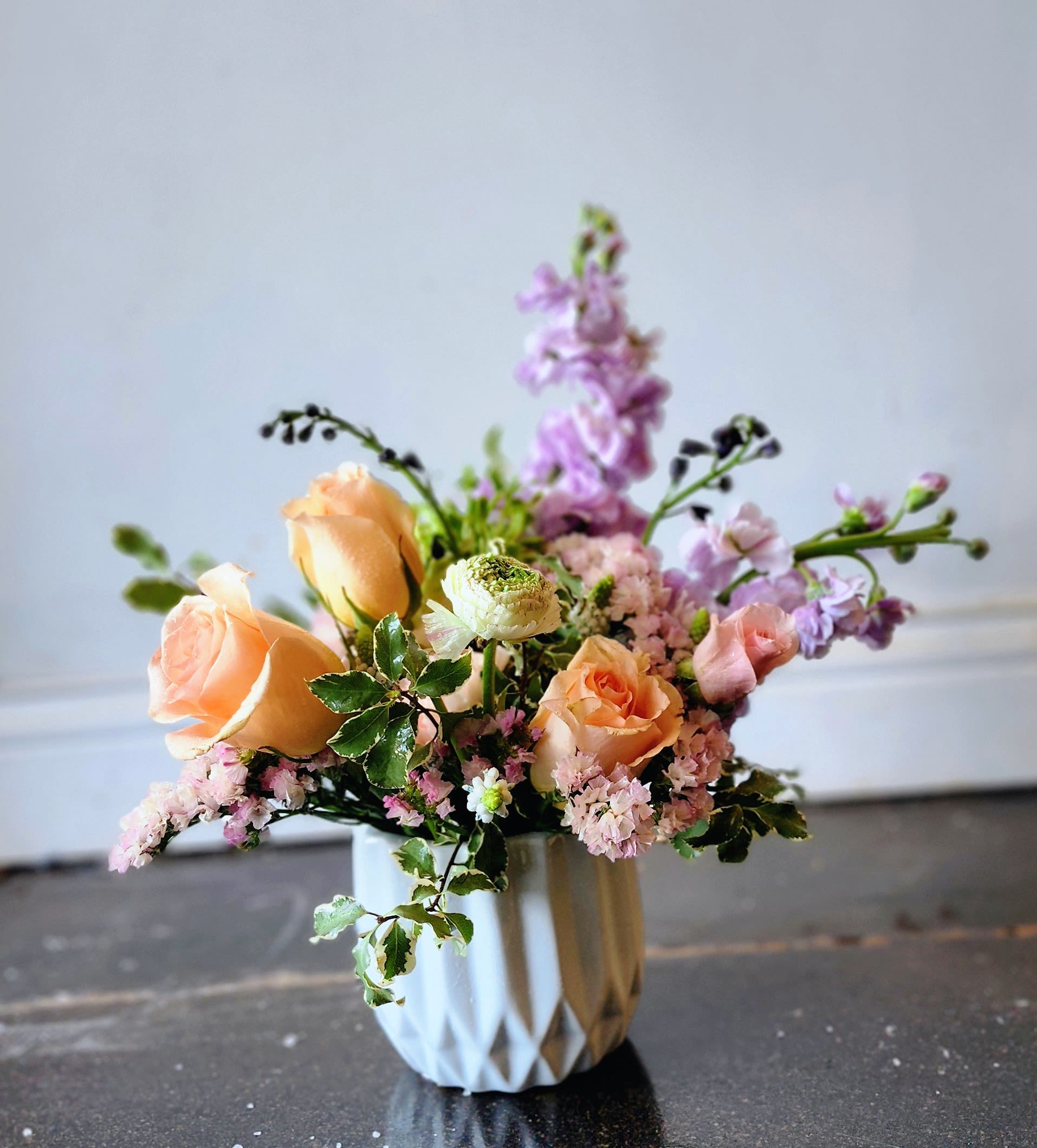 Sweet + Simple Spring Garden Collection - Sweet + Simple is our smallest of the Spring Garden Collection. This arrangement features premium blooms artfully designed in our signature opaque ceramic vase — modern, romantic, and richly floral.  Whether sending joy or indulging in a personal pick-me-up, Fleurs &amp; Events brings elevated arrangements and seamless delivery right to your door.  *Flowers and vases are natural and artisan products, and no two arrangements are exactly alike. While your arrangement may differ slightly from the photo, it will be designed with the same style and color palette of your choice. Occasionally, substitutions of vases may be necessary due to market availability, but we will always substitute with a vase of equal or greater value.