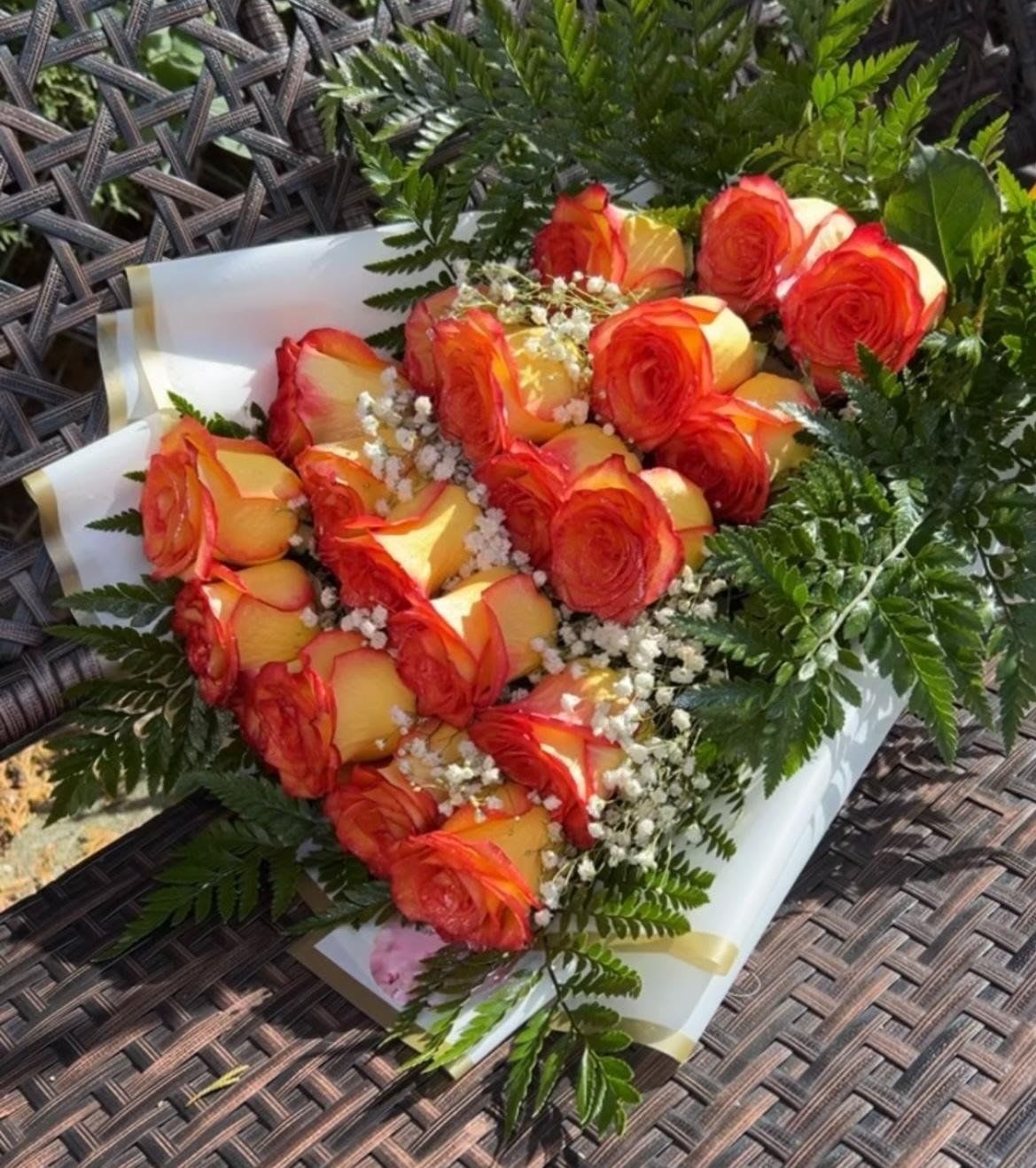 Harvest Love Layered Bouquet  - Brighten their day with our radiant 36 Long Stems High &amp; Magic Ecuadorian roses —each bloom kissed with vibrant red edges and golden centers, wrapped with fresh greens and baby’s breath for the perfect touch of elegance.