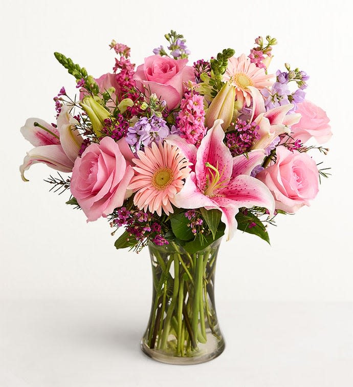 Pink Harmony - An elegant pink-toned floral arrangement featuring premium roses, oriental lilies, gerberas, and delicate filler flowers. Designed to express love, sweetness, and sophistication—perfect for birthdays, anniversaries, or any special occasion.