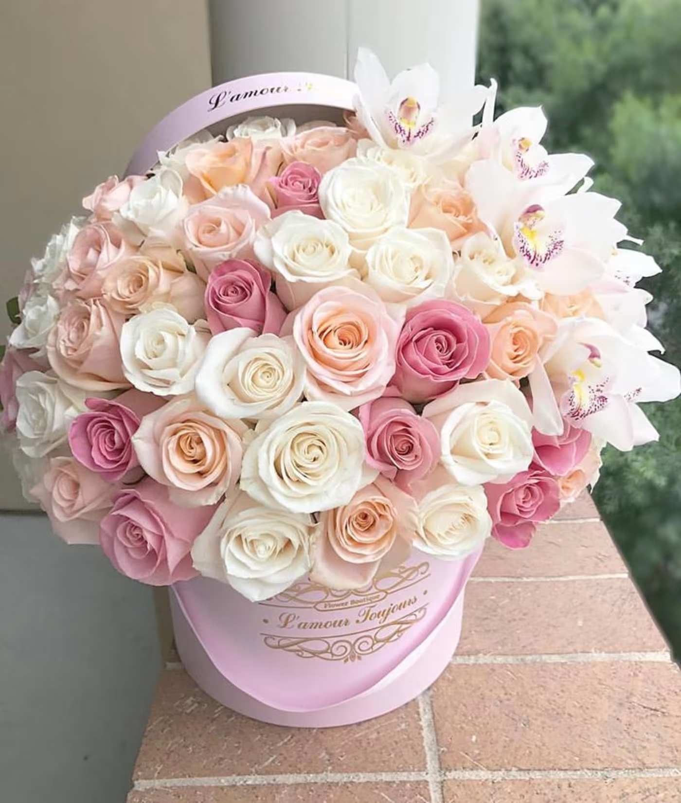 Pink Mix Signature Box - 50 Premium Pink and White Roses with Cymbidium Orchid  You can change the color of your Signature Box on the right!