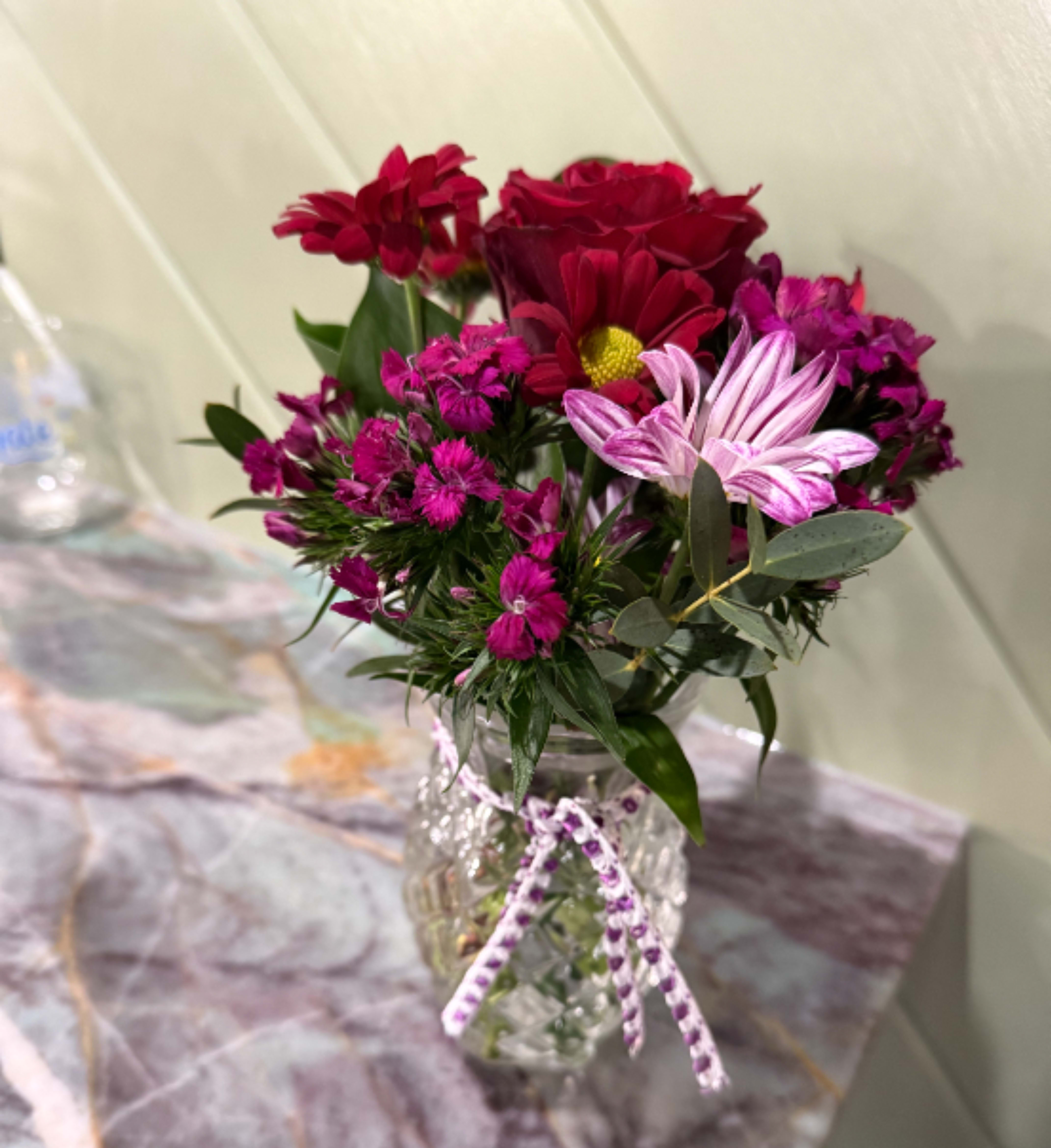 Pretty if you Please - Red rose, mums, dianthus make a pretty little arrangement