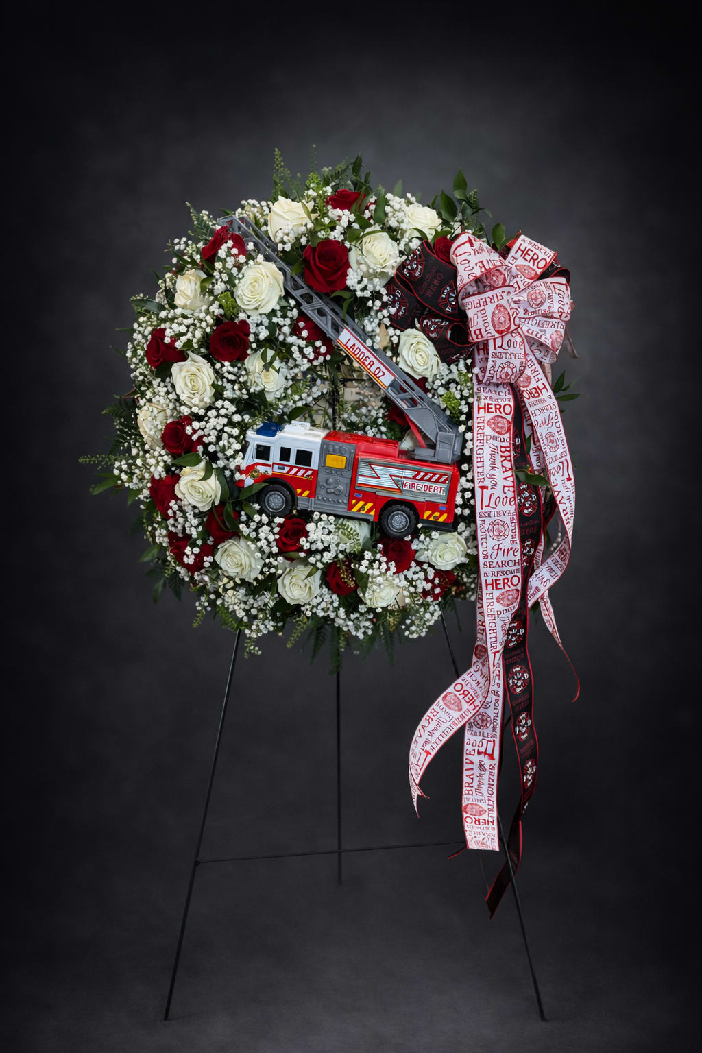 Firefighter-themed rose wreath with a toy fire truck and ribbon on a stand
