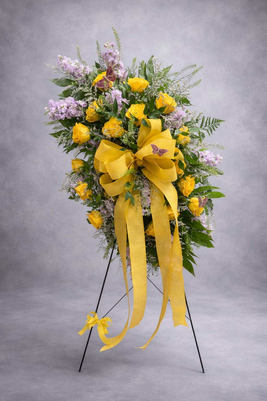 Savannah's bouquet  - Yellow roses with a little of lavender stock and greenery on a stand. Colors may vary slightly 