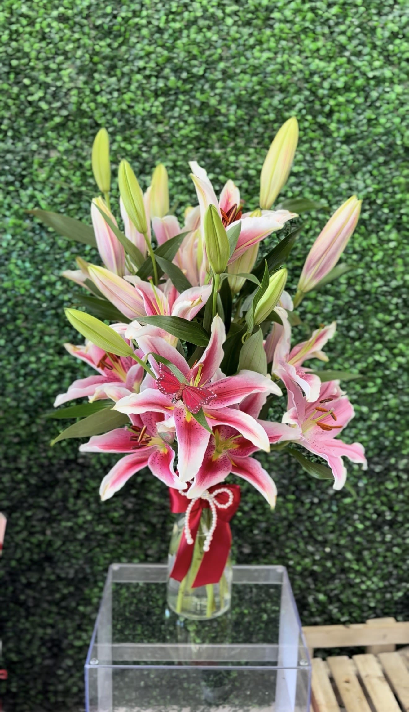 Blushing Stargazer Lily Bouquet - A stunning arrangement of fresh pink stargazer lilies beautifully displayed in a clear vase. it's a perfect gift for birthdays, celebrations or simply to brighten someone's day with a touch of elegance. 