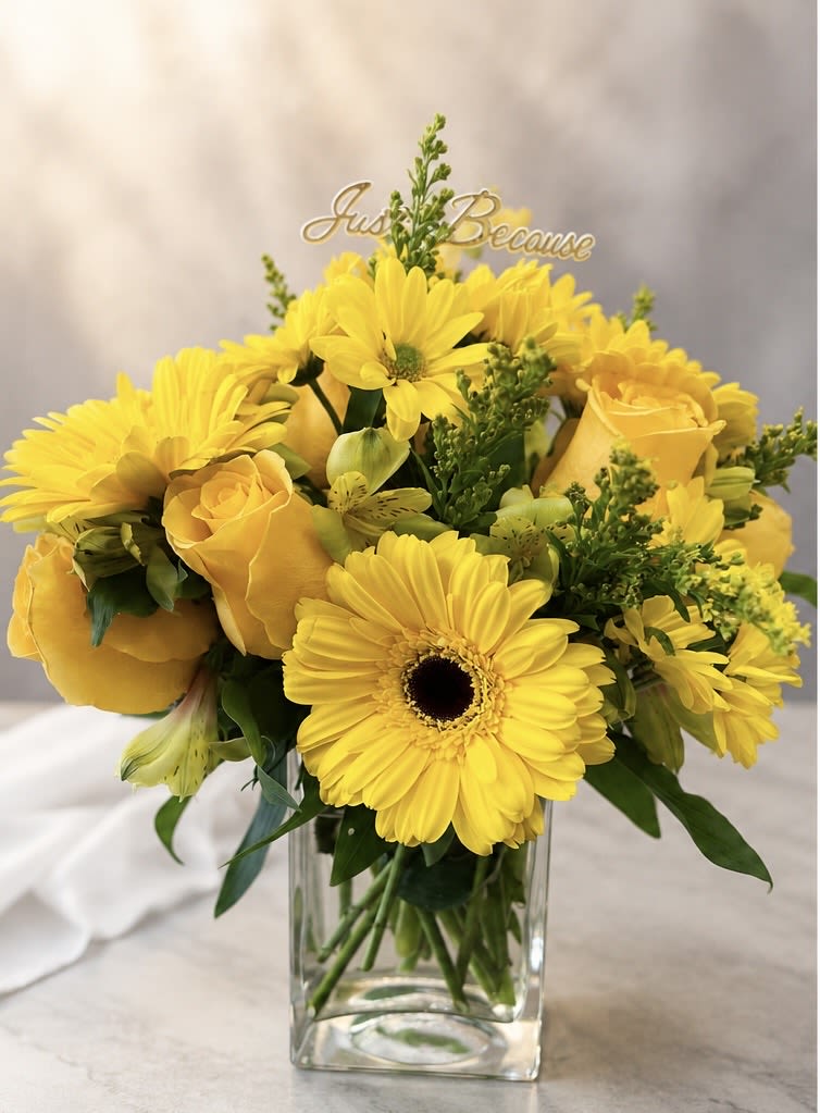 Hello sunshine  - A cheerful mix of golden roses, gerbera daisies, and seasonal blooms that’s perfect for birthdays, congratulations, or sending a little happiness “just because.”
