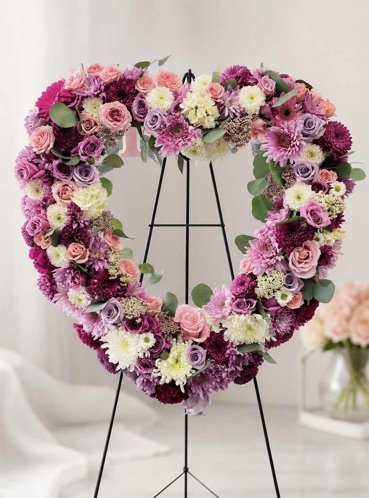     Lavender Embrace - A 24 inch heartfelt tribute featuring soft lavender, blush pink, and white blooms, thoughtfully designed to honor a loved one with grace and love