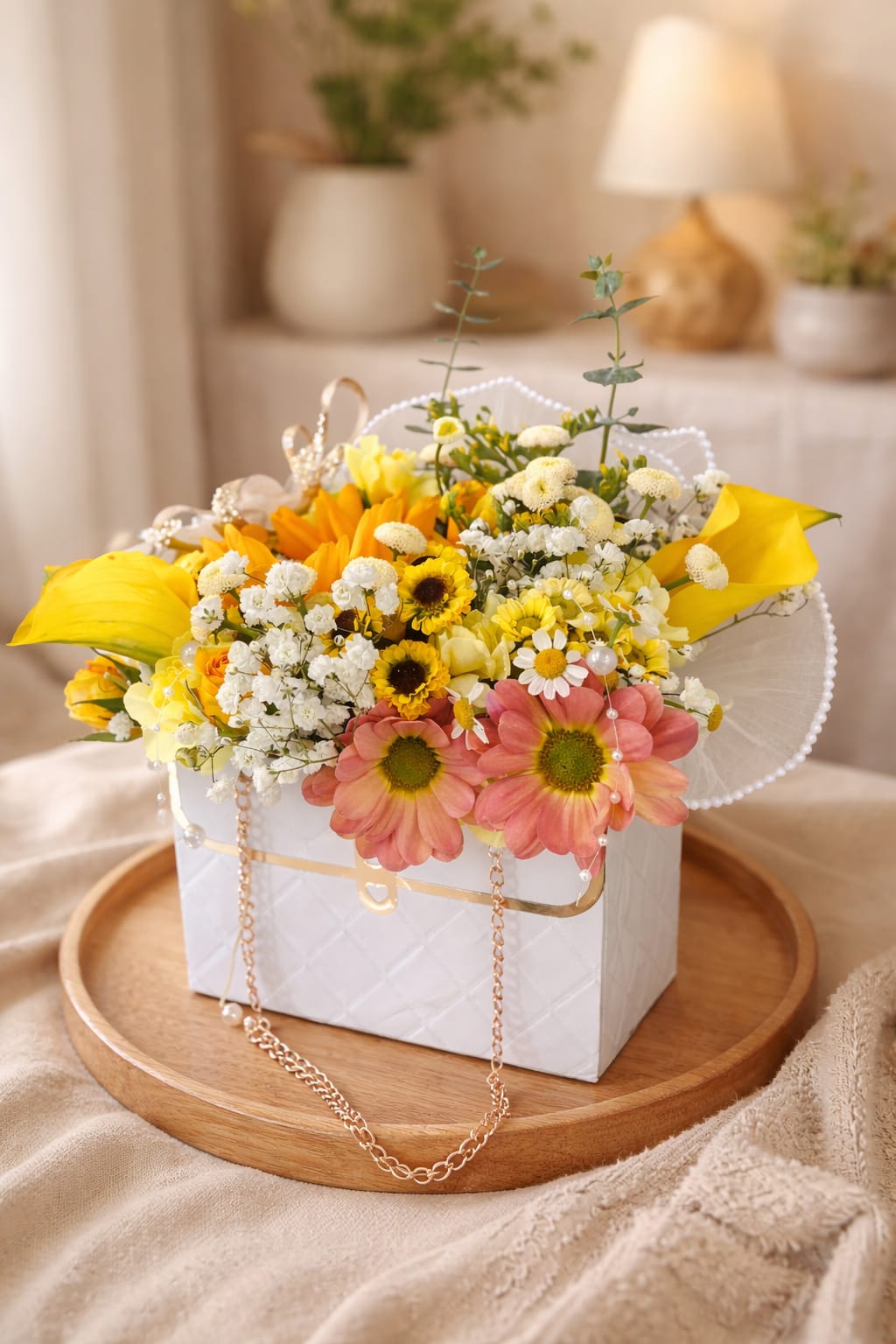 Yellow and pink mixed flower arrangement in a white gift box