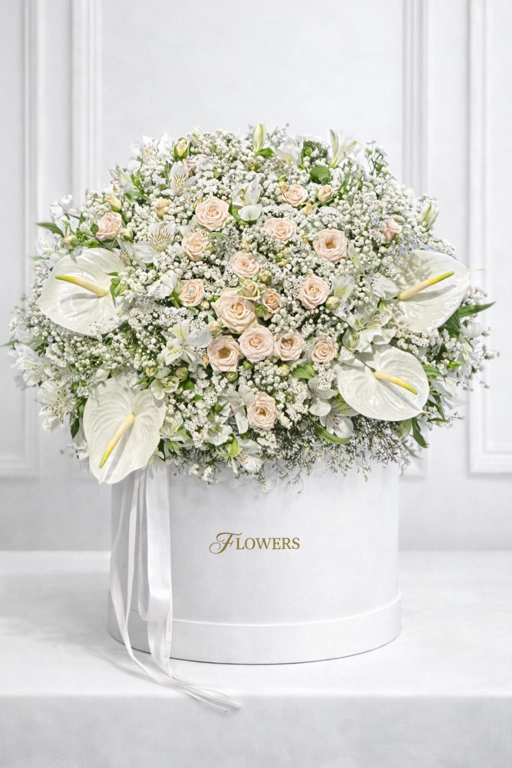 White floral arrangement with roses and calla lilies in a round box
