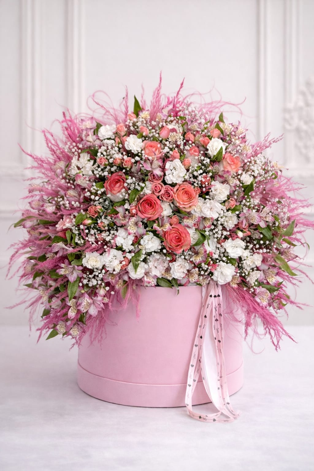 Sweetheart Garden - Sweetheart Garden by Oh Flower by Naz is a romantic floral arrangement designed to celebrate love in its most beautiful form. Styled in a soft pink hat box, this lush design features premium pink roses, delicate carnations, airy baby’s breath, alstroemeria, and seasonal textured blooms, creating a full, garden-inspired look.  Perfect for those searching for Valentine’s Day flowers, romantic flower delivery, or luxury pink flower arrangements in Carlsbad, Sweetheart Garden is thoughtfully handcrafted to express love, admiration, and heartfelt connection. Finished with an elegant ribbon, this arrangement is both a stunning gift and a keepsake.  Ideal for Valentine’s Day, anniversaries, birthdays, or romantic surprises.  Available for local flower delivery in Carlsbad and surrounding North County San Diego areas.  Designed with love by Oh Flower by Naz.