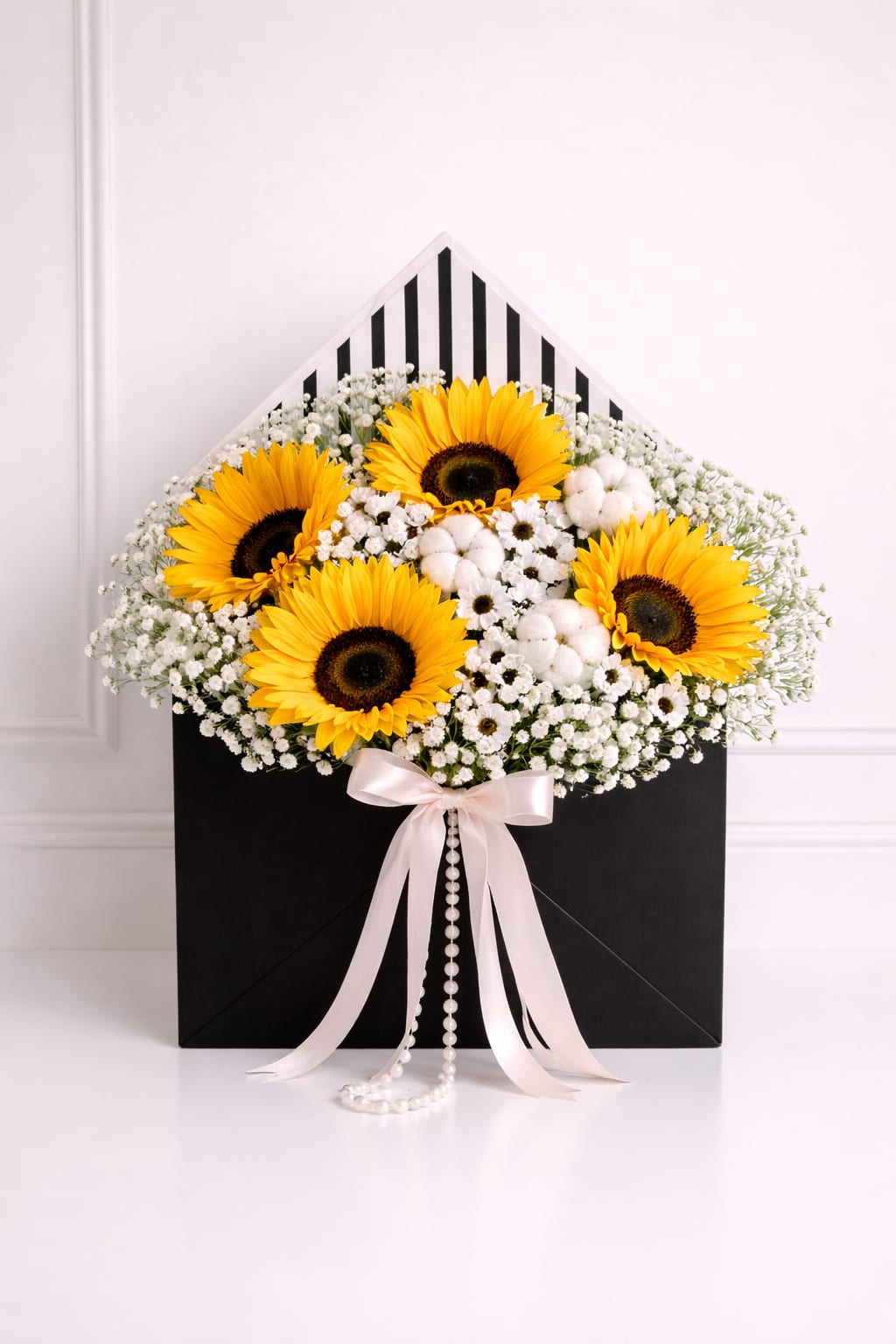 Golden Letter No. 1  - Golden Letter No. 1 – Sunflower Envelope Arrangement  A bright and joyful sunflower arrangement designed in a modern envelope-style box, accented with soft white blooms, cotton, and elegant ribbon details. Golden Letter No. 1 is the perfect way to send warmth, happiness, and a thoughtful message.  Handcrafted by Oh Flower by Naz, your local florist in Carlsbad.   Same-day flower delivery in Carlsbad, Encinitas, Oceanside, San Marcos, and North County San Diego 