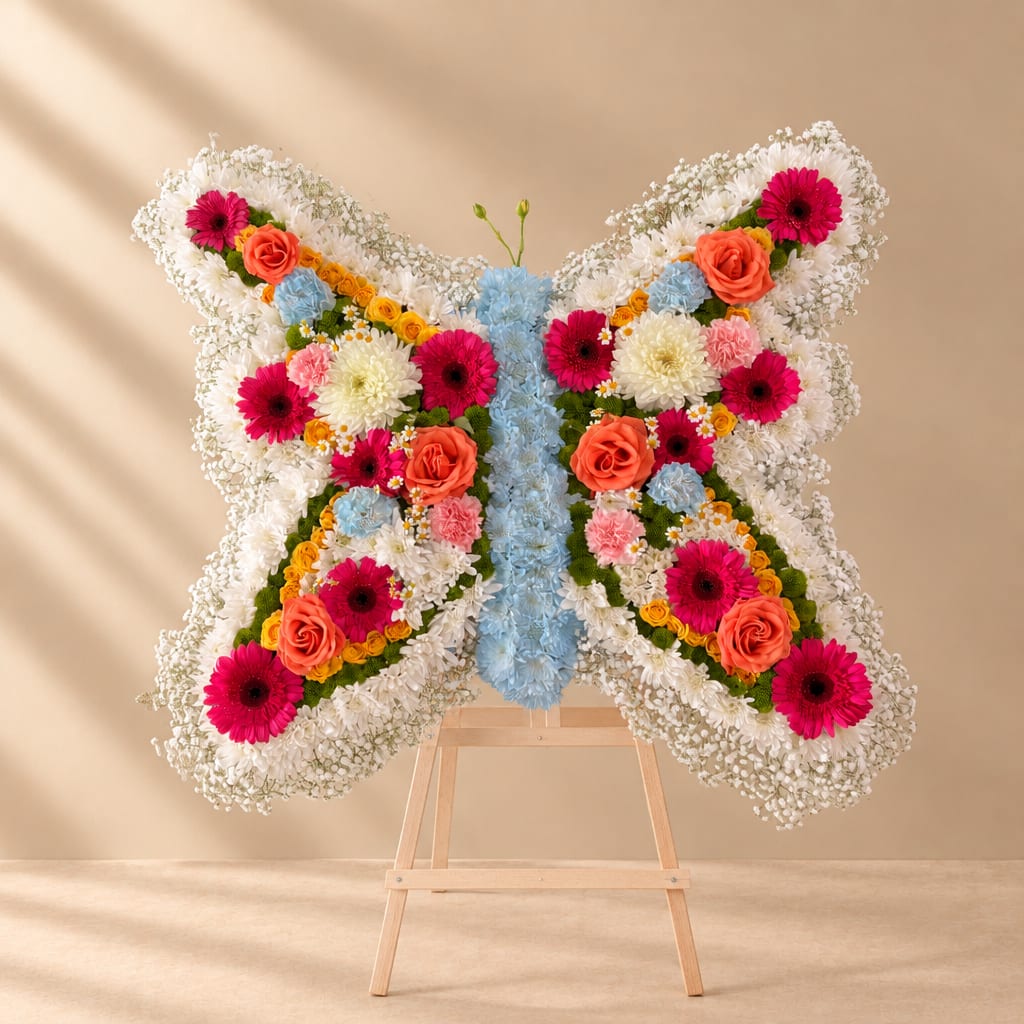 Butterfly-shaped floral arrangement on a wooden easel with pink, orange, blue, and white flowers