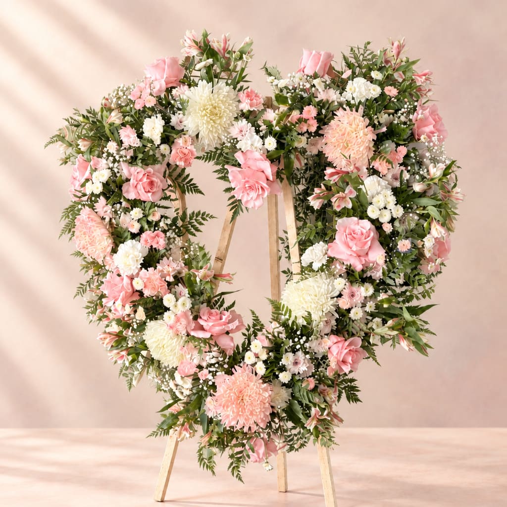Heart-shaped floral wreath on a wooden easel with pink and white flowers