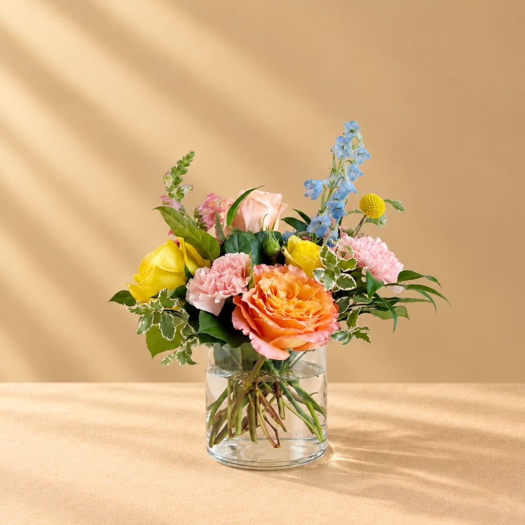 Mixed bouquet in a clear glass vase with pink, yellow, orange, and blue flowers