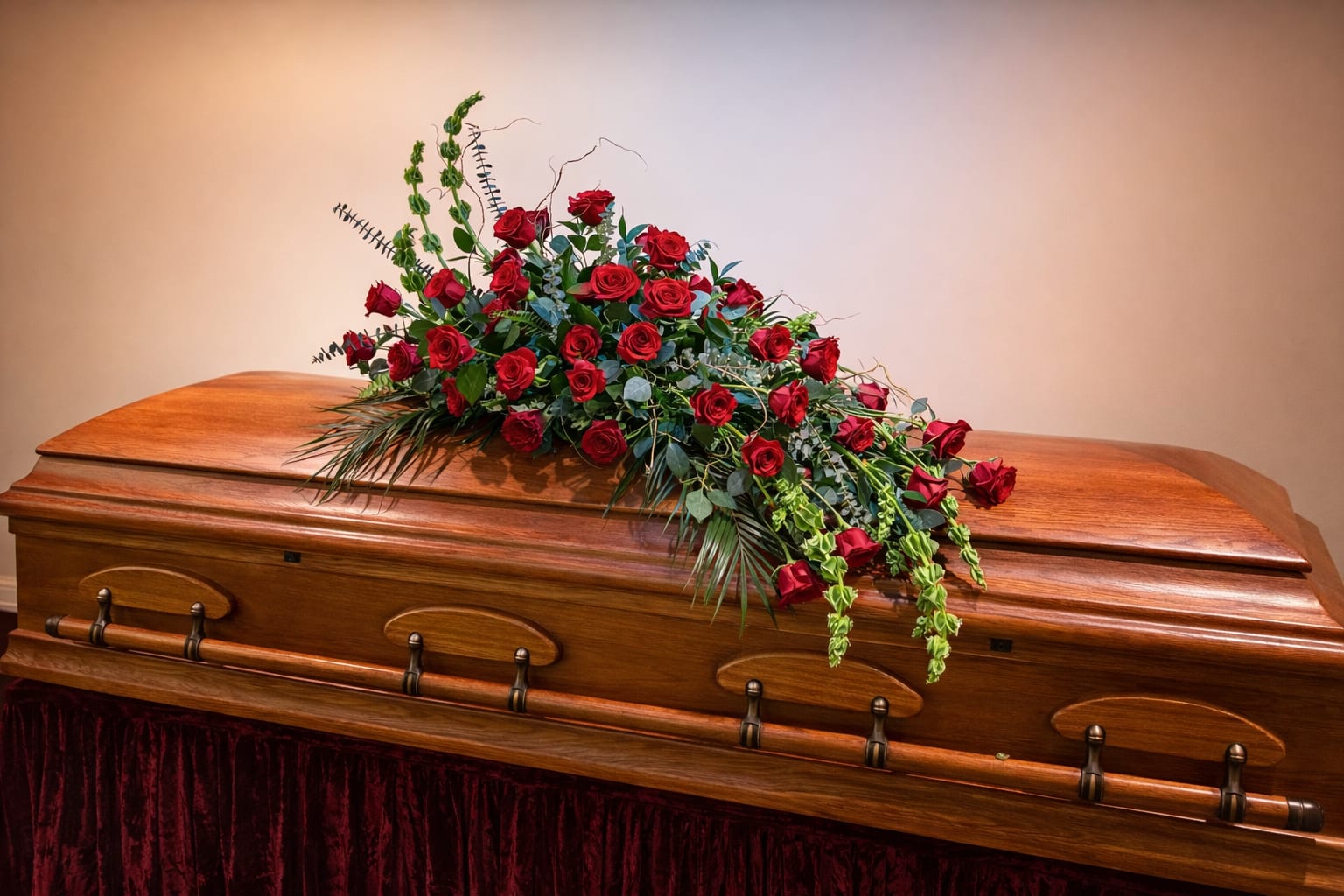 Red rose casket spray on a wooden coffin