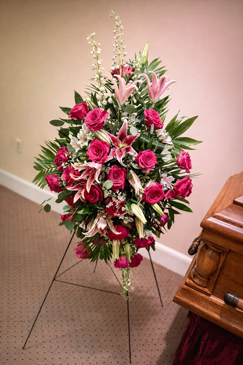 Standing floral spray with pink roses and lilies on a black easel