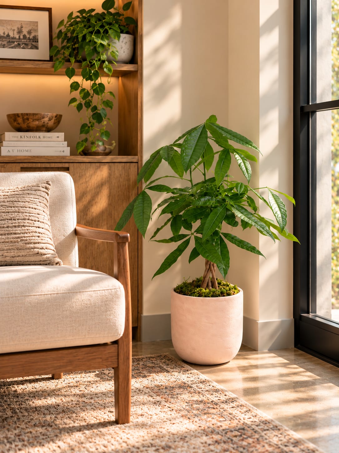 Potted indoor plant with glossy green leaves in a pale ceramic planter
