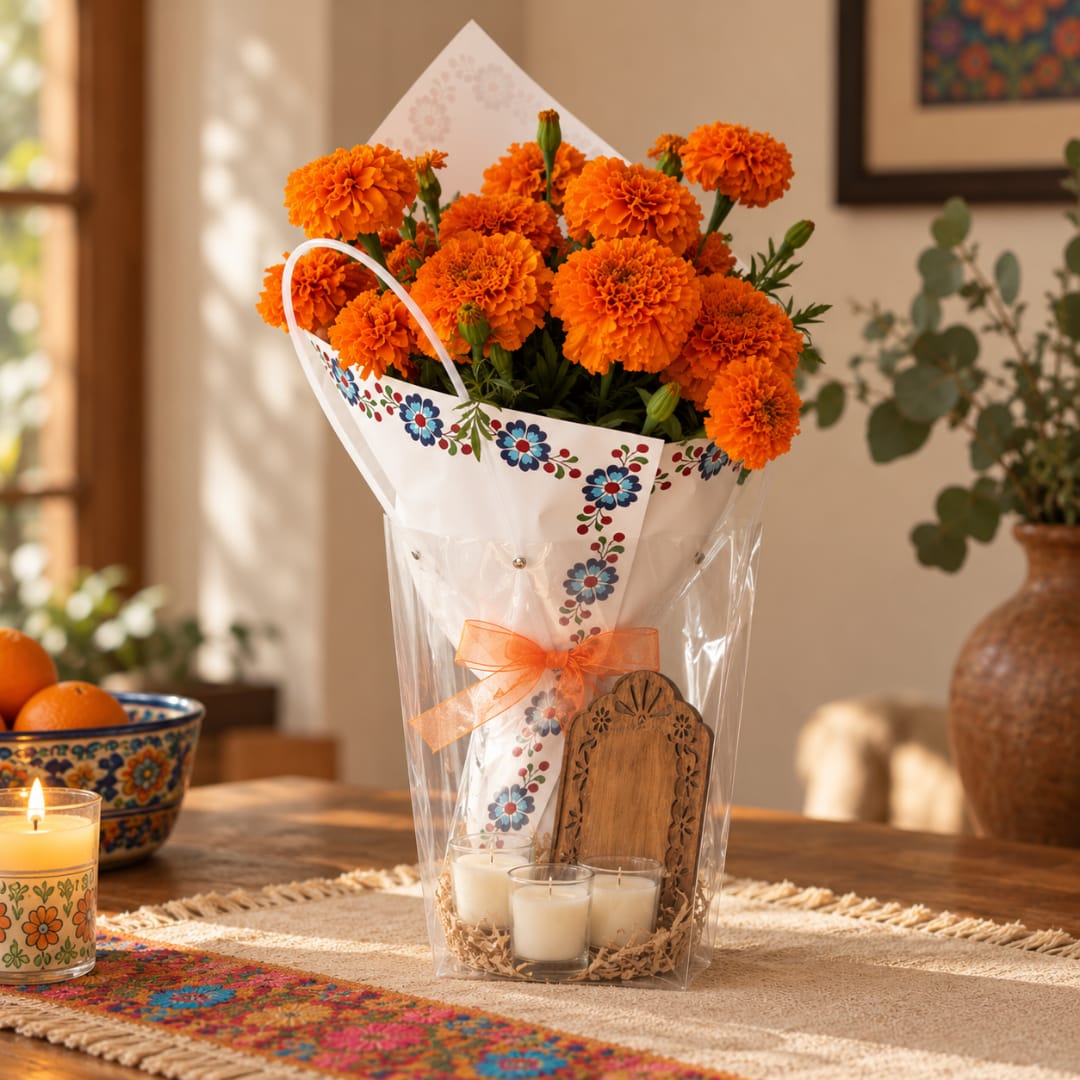 Orange marigold bouquet in a decorated gift bag with candles and a wooden plaque