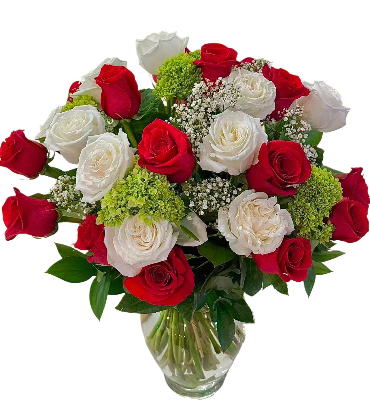 Bouquet of red and white roses in a clear glass vase