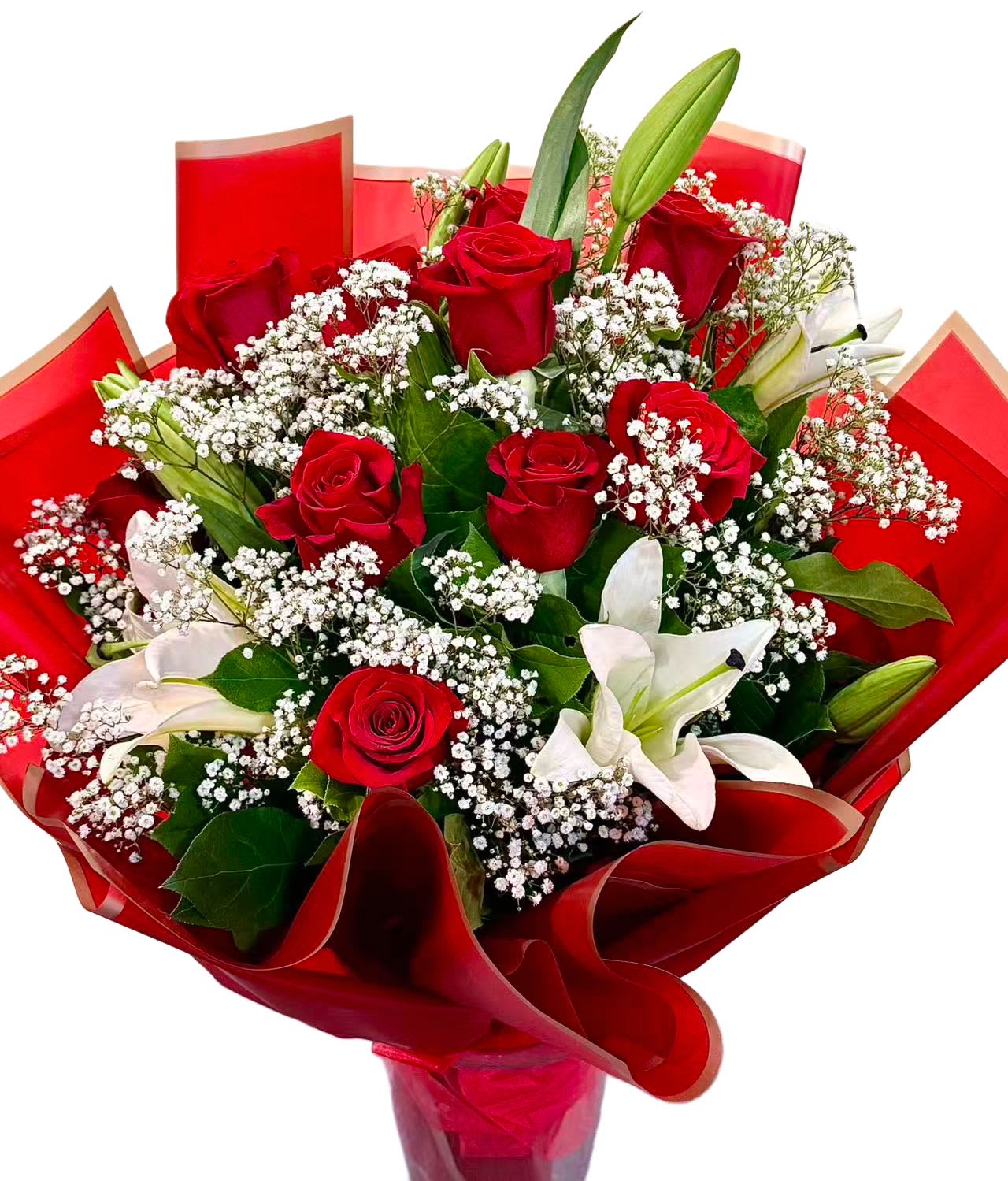 Passionate Love – Red Rose &amp; White Lily Bouquet - A bold and romantic hand-tied bouquet featuring classic red roses, elegant white lilies, and delicate baby’s breath, wrapped in rich red paper for a dramatic presentation.  This striking bouquet symbolizes deep love, passion, and admiration, making it a timeless choice for romantic celebrations and meaningful moments.  Each bouquet is handcrafted with fresh premium blooms. Flower varieties may vary slightly while preserving the overall design, color palette, and style.