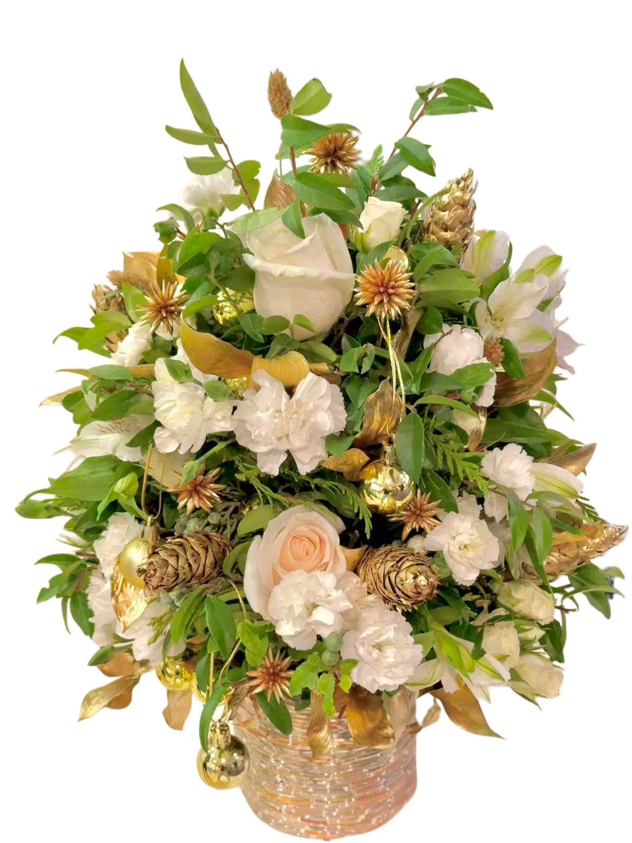 White and blush floral arrangement in a gold-toned vase
