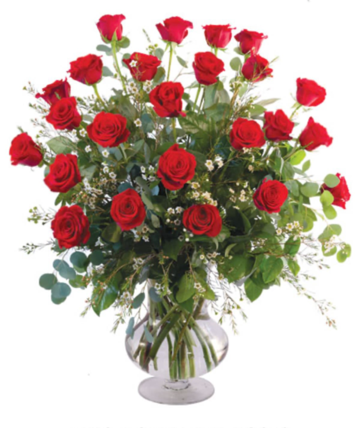 Red roses arranged in a clear glass vase