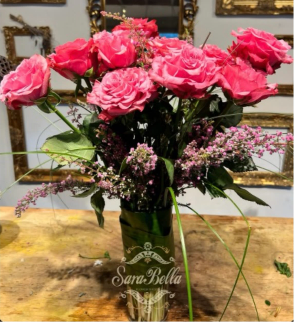 DOZEN PINK GARDEN ROSES - DOZEN ROSES ARRANGED IN THE TALL VASE