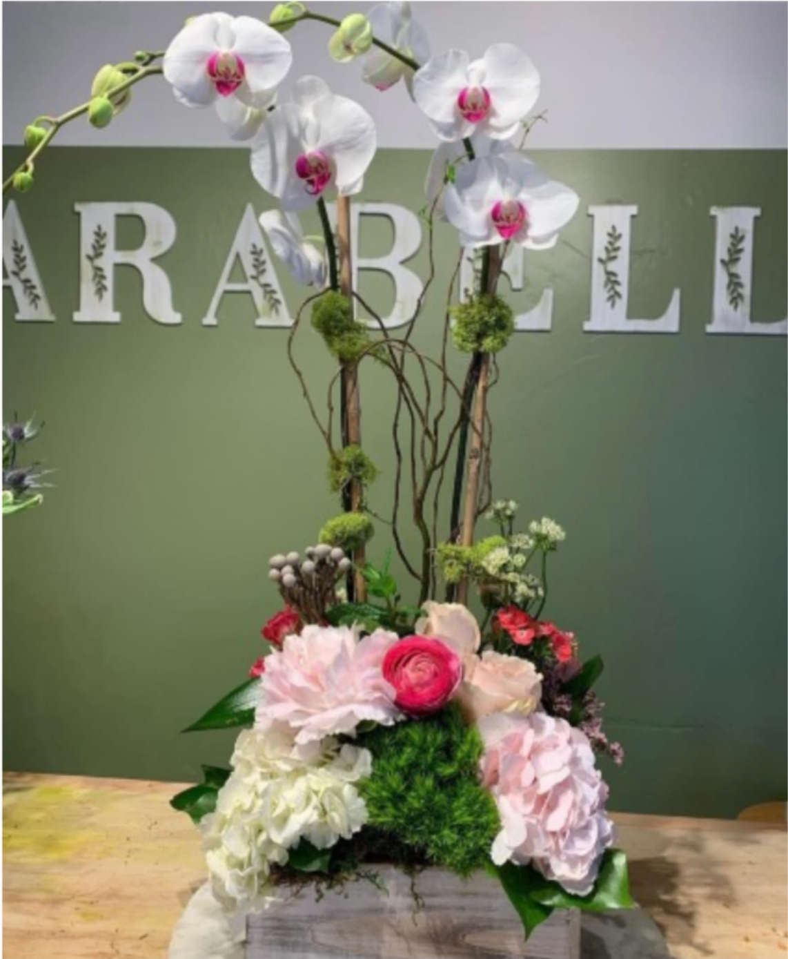 WOODEN BOX ORCHID PLANT WITH CUT FRESH FLOWERS - FERSH DUBBLE ORCHID DESIGNED IN THE WOODEN BOX WITH SMALL PLANT AND CUT FLOWERS 