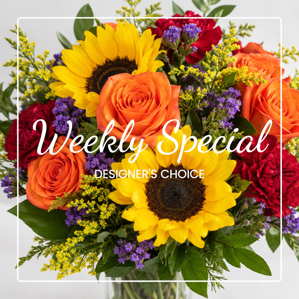 Mixed bouquet with sunflowers, orange roses, and red carnations