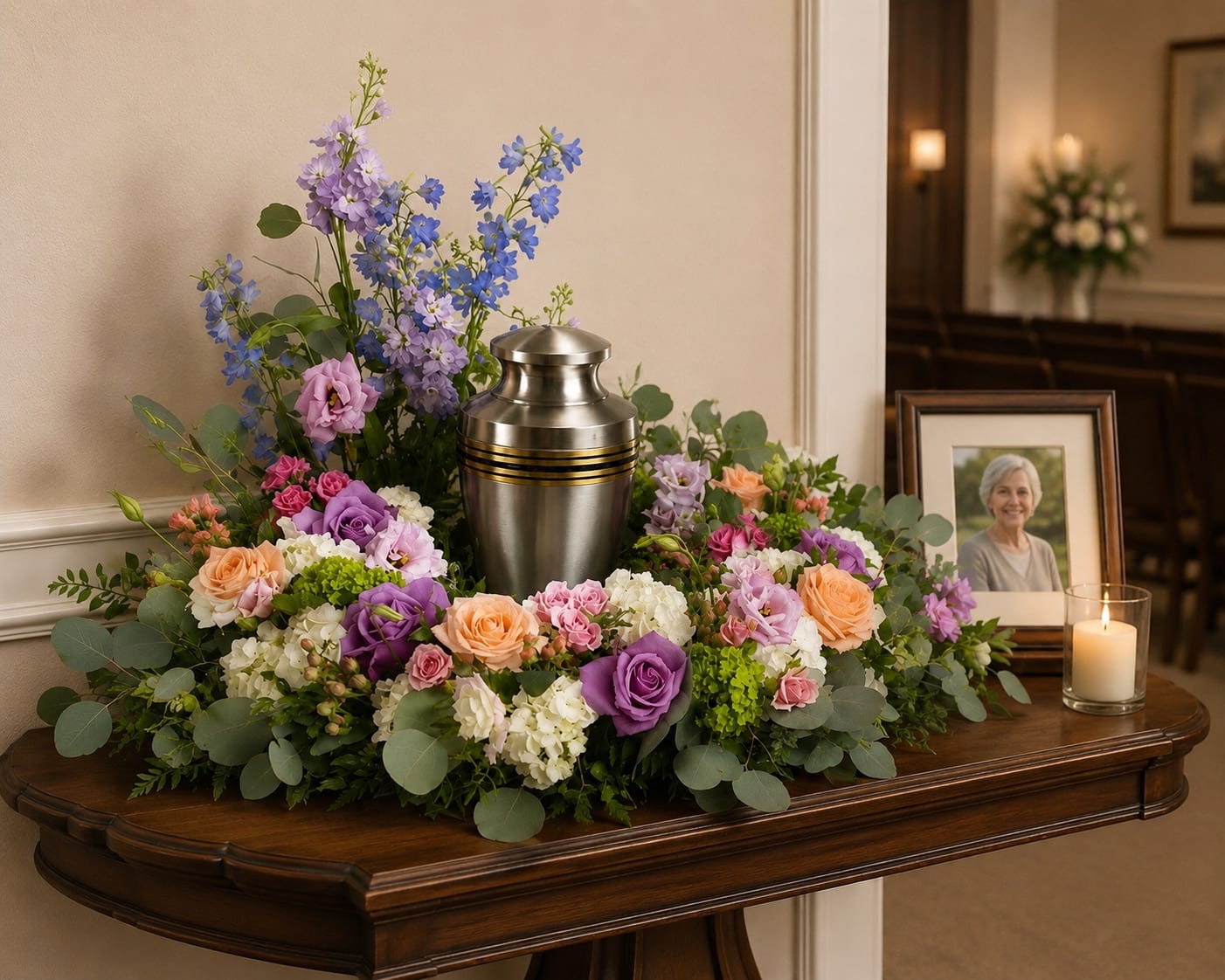 Sweet Remembrance Urn Arrangement  - Sweet Remembrance is a graceful cremation tribute designed to surround and complement a cremation urn, creating a beautiful focal point for memorial services, celebration of life gatherings, visitations, and family remembrance. Featuring a soft garden-inspired blend of pastel blooms and lush greenery, this design offers comfort, love, and lasting remembrance while honoring a cherished life.  Created to frame an urn rather than contain it, Sweet Remembrance allows families to incorporate a loved one’s urn into an elegant floral display. The flowing design provides visual balance and a natural garden feel, making it suitable for memorial tables, funeral chapels, churches, visitation services, and celebration of life events. Soft pastel tones symbolize peace, affection, gratitude, and treasured memories, creating a warm and welcoming tribute.  Available for delivery to Todd Funeral Centre &amp; Crematory, Gilliland-Howe Funeral Home, Porter-Oliger-Pearson Funeral Home, Freeman Family Funeral Homes, Meyers Funeral Home, area churches, cemeteries, and other memorial venues throughout Southeast Indiana.  Flower varieties may vary based on seasonal availability, but the overall color palette, style, value, and garden-inspired appearance will be maintained.