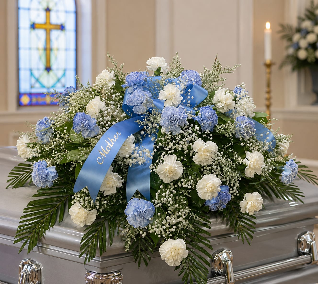 Morning in Heaven Casket Spray - Soft, peaceful, and thoughtfully designed, Morning in Heaven is a modest casket spray created to offer comfort, remembrance, and a graceful farewell. Featuring a soothing blend of blue and white carnations accented with delicate baby’s breath, fresh greenery, and a coordinating blue ribbon, this design creates a gentle expression of love without overwhelming the casket.  The soft blue tones symbolize peace, faith, and eternal rest, while the white flowers represent purity, remembrance, and enduring love. Designed in traditional style, Morning in Heaven provides beautiful coverage while remaining budget-conscious for families seeking a meaningful tribute.  This design was originally created for a service through Todd Funeral Centre &amp; Crematory, 1600 South State Road 3, Rushville, Indiana 46173. Families may learn more about Todd Funeral Centre &amp; Crematory by visiting www.toddfuneralhome.com.  Morning in Heaven is an excellent choice for funeral services, visitation, memorial gatherings, and celebration-of-life services. Its balanced styling and modest price point make it especially appropriate for families seeking an affordable casket spray that still delivers beauty, dignity, and heartfelt meaning.  Designed with care and respect, Morning in Heaven honors a loved one with softness, grace, and a quiet sense of peace.