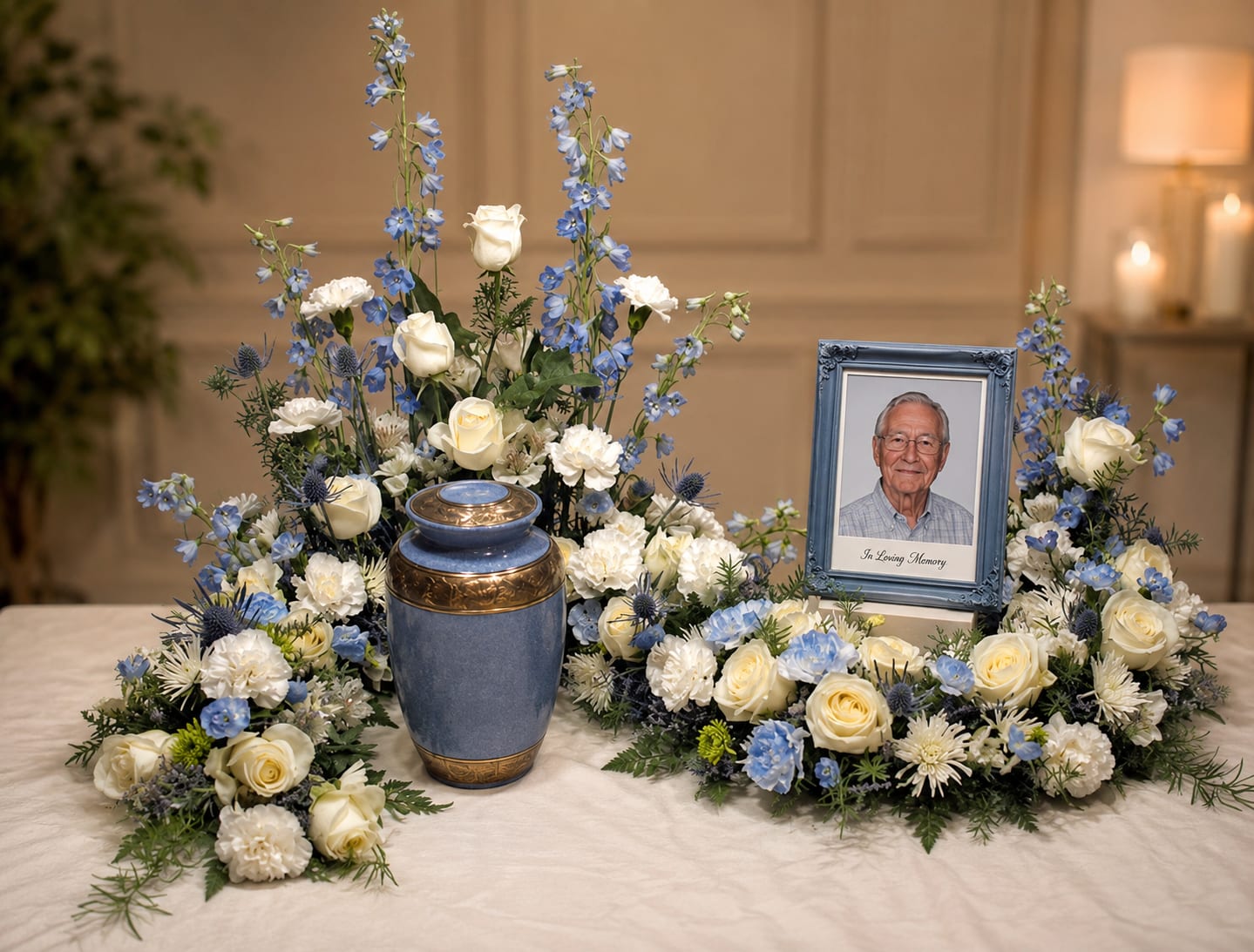 Cherished Memories Urn Arrangement  - Cherished Memories is a fresh flower cremation tribute designed to honor a loved one with beauty, dignity, and remembrance. Featuring blue and white flowers arranged around an urn and framed photograph, this design creates a meaningful focal point for visitation, memorial services, celebration-of-life gatherings, churches, and private family events.  Soft blue blooms symbolize peace, faith, and treasured memories, while white flowers represent love, honor, and remembrance. The combination of fresh flowers, a cherished photograph, and a memorial urn creates a deeply personal display that celebrates both a life lived and the memories left behind.  Designed with balance and elegance, this tribute allows the urn and photograph to remain the focal point while being surrounded by fresh flowers and lush greenery. The result is a comforting memorial presentation that is both beautiful and meaningful.  Appropriate for services held at Barkes, Weaver &amp; Glick Funeral Home, Sawyer-Pickett Funeral Home, and Bass &amp; Gasper Funeral Home.  Available through Aspen Tower Florist for families in Columbus, North Vernon, and Westport seeking cremation flowers, urn tributes, memorial arrangements, sympathy flowers, and celebration-of-life floral designs.