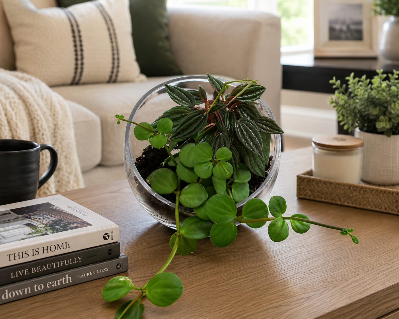 Sphere Of Tranquility Small Terrarium  - Bring a touch of nature indoors with a contemporary glass terrarium featuring Peperomia Hope and Ripple Peperomia. Designed as a stylish tabletop terrarium, this living plant arrangement combines trailing greenery and richly textured foliage in a modern glass container that complements homes, offices, apartments, dorm rooms, reception areas, and workspaces.  Looking for a unique plant gift, housewarming gift, office gift, birthday gift, thank-you gift, or modern home décor accent? This contemporary terrarium is an excellent choice for plant lovers and anyone who appreciates low-maintenance indoor plants. Its compact size makes it perfect for desks, coffee tables, bookshelves, kitchen counters, side tables, and other small spaces.  Peperomias are known for their attractive foliage, easy-care nature, and adaptability to indoor environments. With proper care, this living plant arrangement provides lasting enjoyment long after many traditional gifts have faded. Place in bright indirect light and water sparingly, allowing the soil to dry slightly between waterings.  Perfect for modern décor, apartment living, office spaces, employee appreciation gifts, teacher gifts, get-well gifts, and everyday occasions. Plant varieties may vary based on availability while maintaining the overall style, quality, and contemporary design of the terrarium.