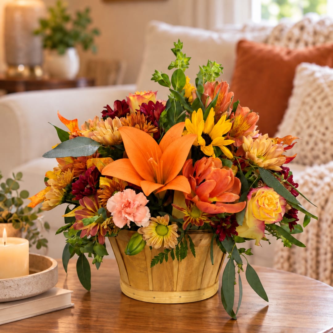 Autumn flower arrangement in a wooden basket with orange lilies and mixed blooms
