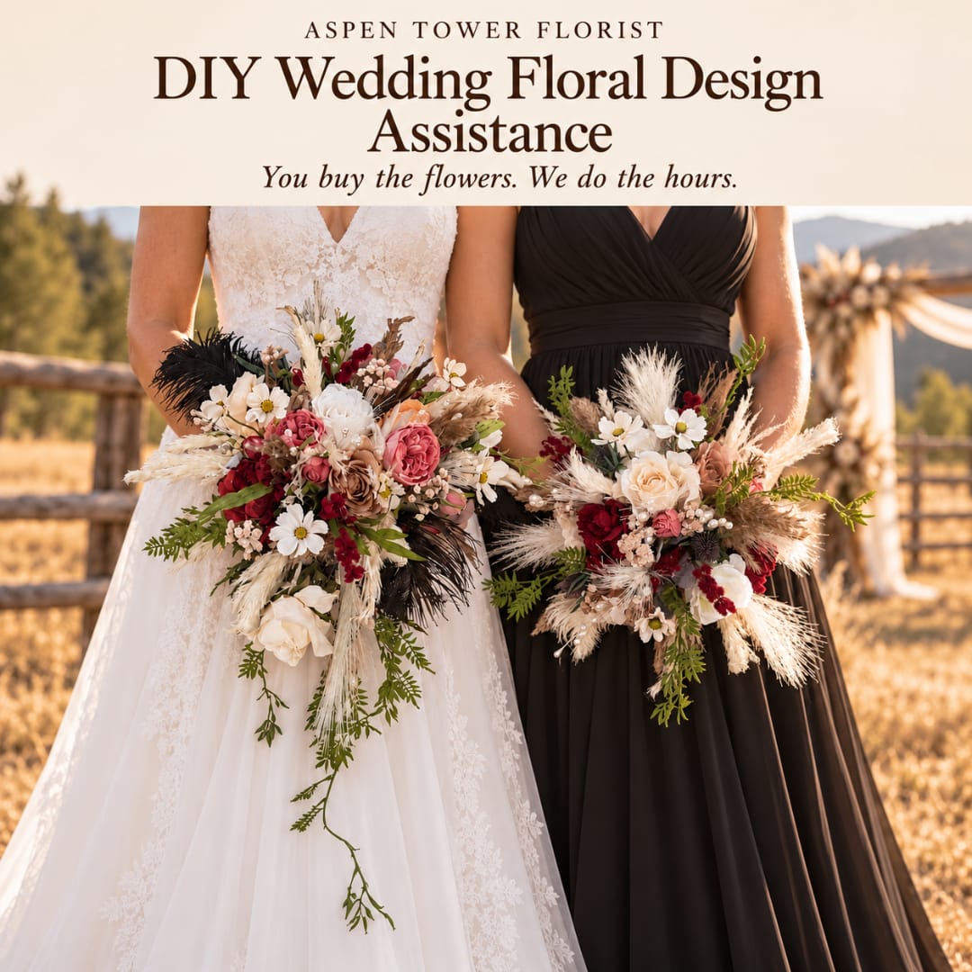 Two women hold wedding bouquets in a rustic outdoor setting