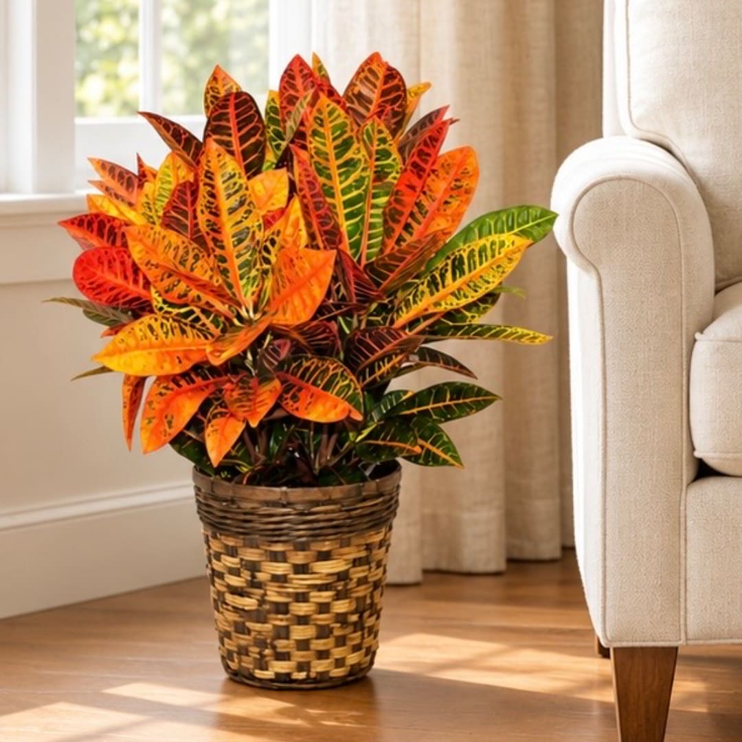 Potted croton plant in a woven basket planter