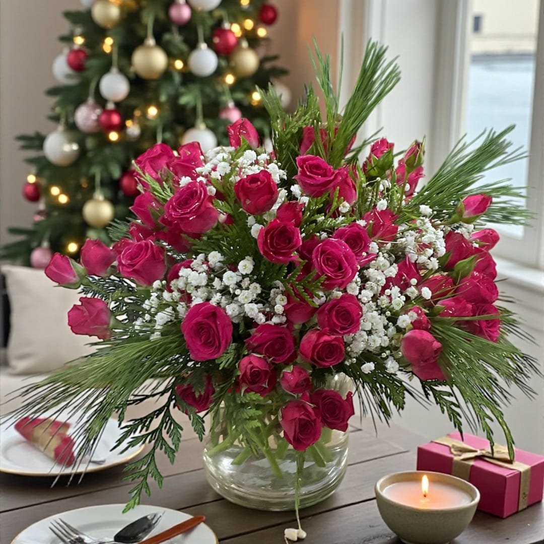Pink roses and baby's breath in a glass vase with pine accents