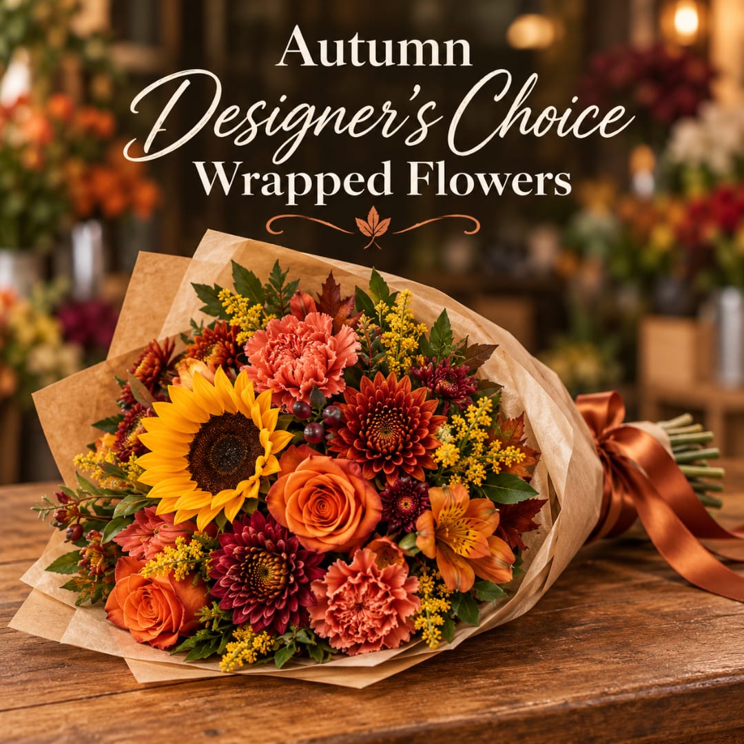 Autumn wrapped bouquet with sunflowers, roses, and mums in kraft paper