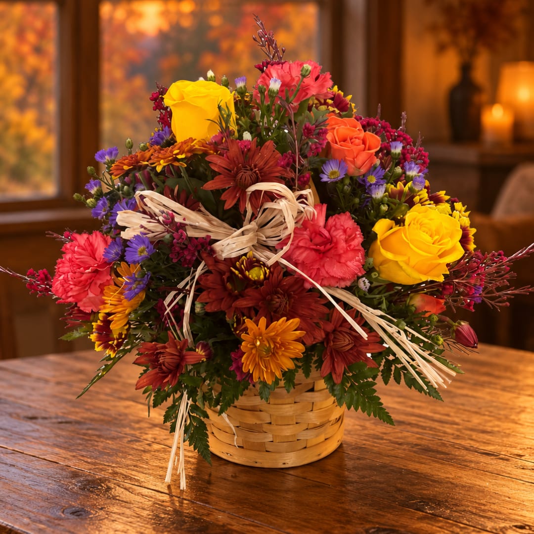Mixed bouquet in a woven basket with bright roses and daisies