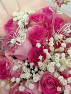 Mini candy - 12 rosas rosas y Bb. (no incluye base)