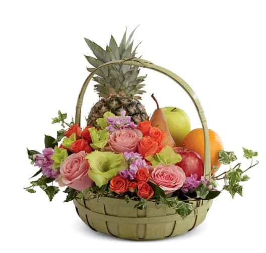 Fruit &amp; Bloom Basket - Brighten someone's day with this beautiful Fruit &amp; Flower Gift Basket from The Flower Corner. Featuring a colorful arrangement of fresh roses, seasonal blooms, and premium fresh fruit including pineapple, apples, pears, and oranges, this elegant basket is designed to impress. Perfect for birthdays, get-well wishes, thank-you gifts, anniversaries, or any special occasion, it combines the beauty of fresh flowers with the freshness of hand-selected fruit in a charming handled basket.  Includes:  Assorted fresh seasonal fruit Fresh roses and mixed flowers Decorative greenery accents Reusable woven basket  A thoughtful and memorable gift that delivers both beauty and freshness. 