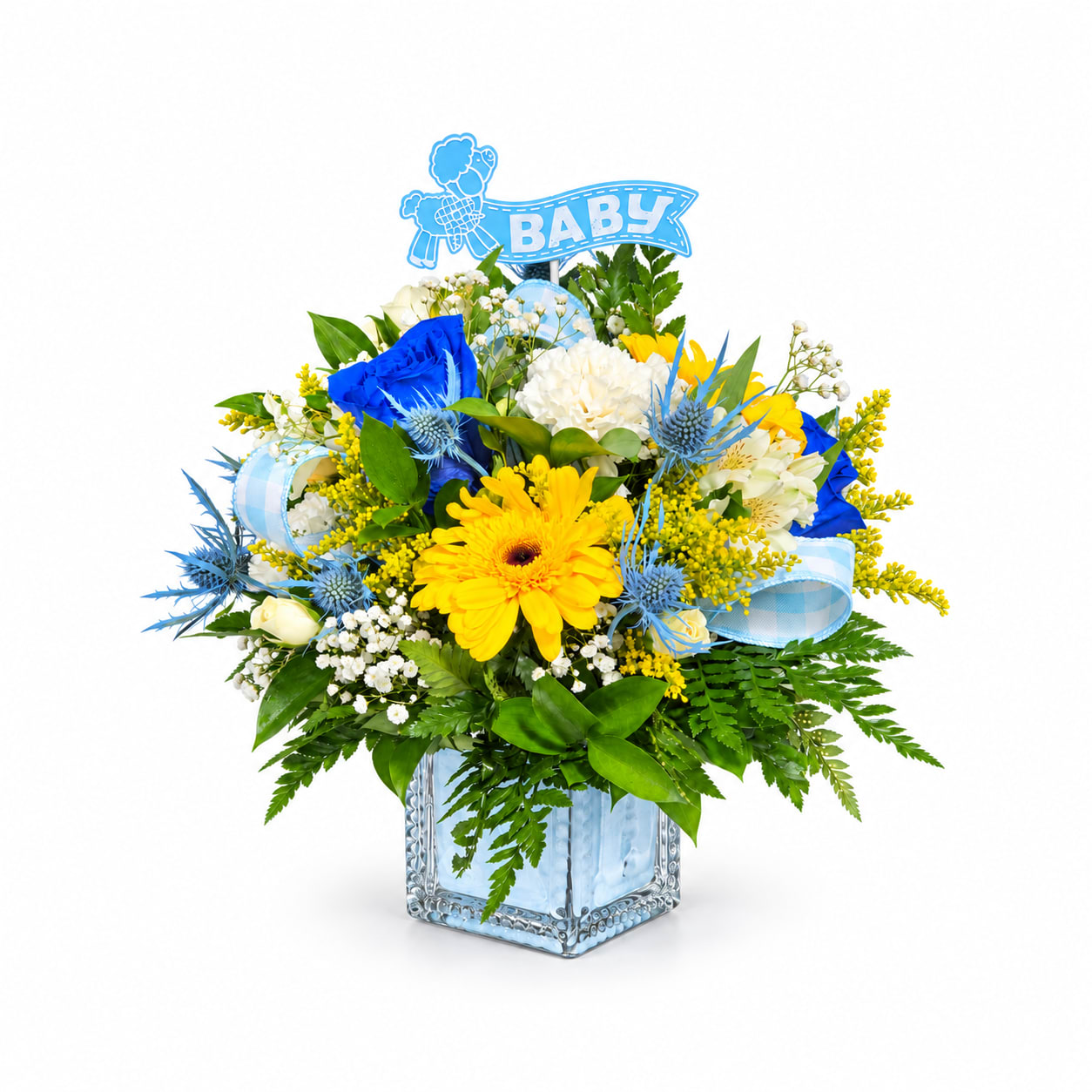 Blue and yellow mixed flower arrangement in a glass vase with a baby sign