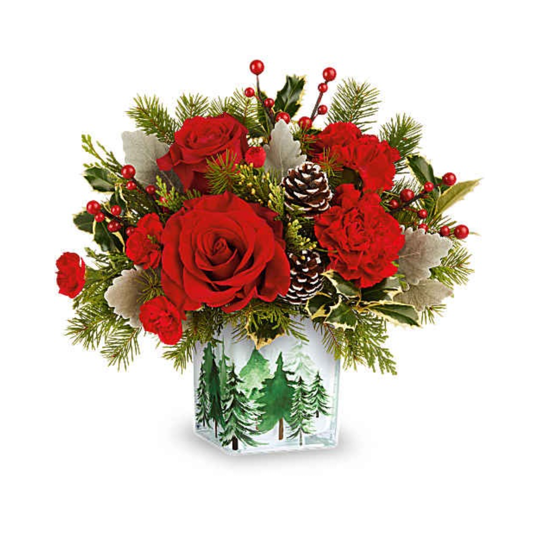 Red roses and carnations in a winter vase with pinecones and berries