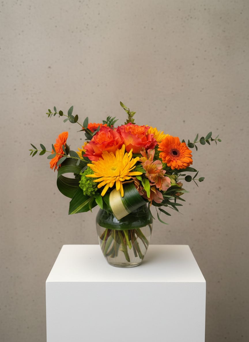 Orange and yellow mixed bouquet in a glass vase
