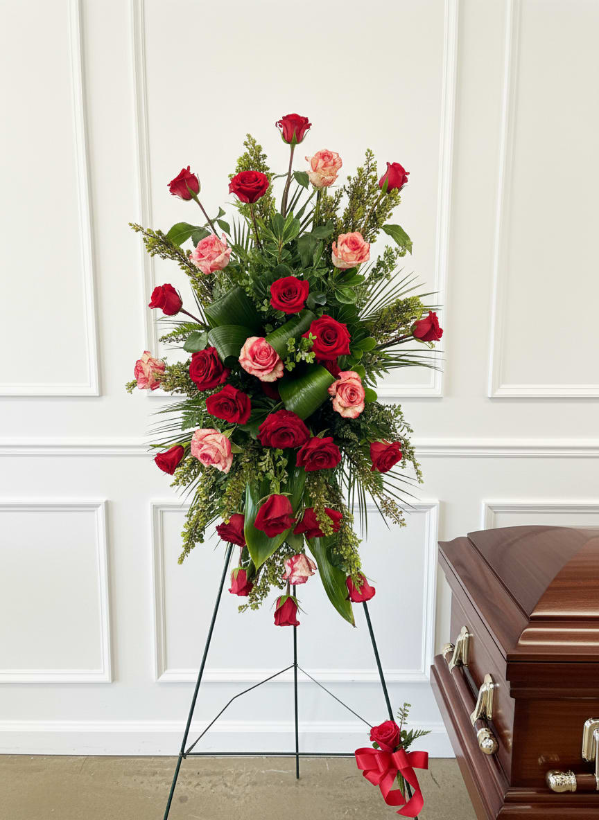 Standing red and pink rose spray beside a casket