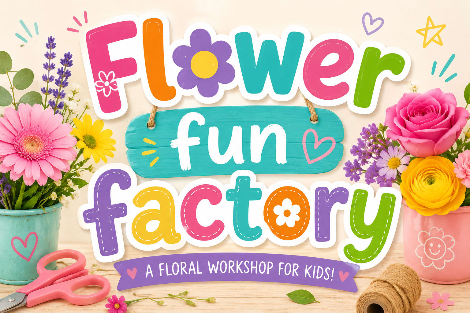 Flower Fun Factory Oct 31. 2026 From 1-2pm  - Cheerful, playful, and perfectly kid-friendly, this flower arrangement evokes a "Flower Fun Factory" workshop vibe-ideal for a children's party, classroom gift, or any celebration where creativity and color take center stage. The design reads like a hands-on craft: bright pink, sunny yellow, soft purple, and powder blue blooms arranged to delight the child you're celebrating and make them feel seen and celebrated.  The assortment features gerbera daisies, roses, daisies, lavender, and mixed seasonal blooms clustered in vivid color pops and presented with whimsical accents-a turquoise metal pot, a pink metal pot, a small wooden sign, rope, faux scissors, and twine-to mirror a floral-play theme. Textures range from the bold daisy faces to the feathery lavender sprigs, giving the arrangement a scrapbook-like, educational look rather than a formal bouquet. Dimensions and exact flower counts vary by size selection; each finished piece is arranged for durability and visual fun.  Perfect as a gift for a child's birthday, a classroom thank-you, or a family crafting event, this arrangement sends a message of joy and playful creativity. Order with your preferred size to match the occasion; simple care-fresh water and a cool spot away from direct sunlight-will keep the blooms cheerful through the celebration.