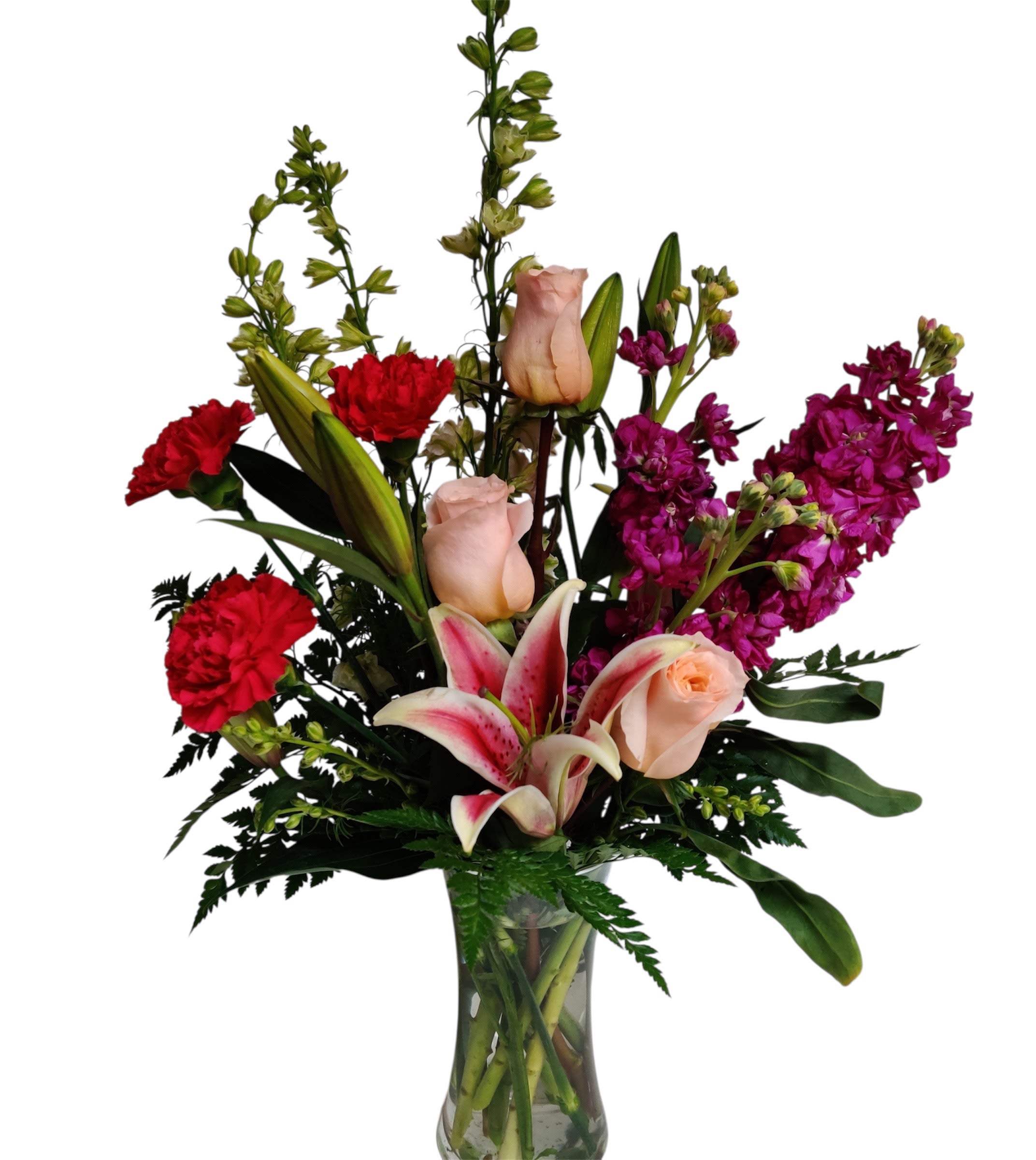 Artisan Bouquet - A beautiful one sided bouquet featuring lilies, roses, stock, and carnations. Perfect for any occasion!