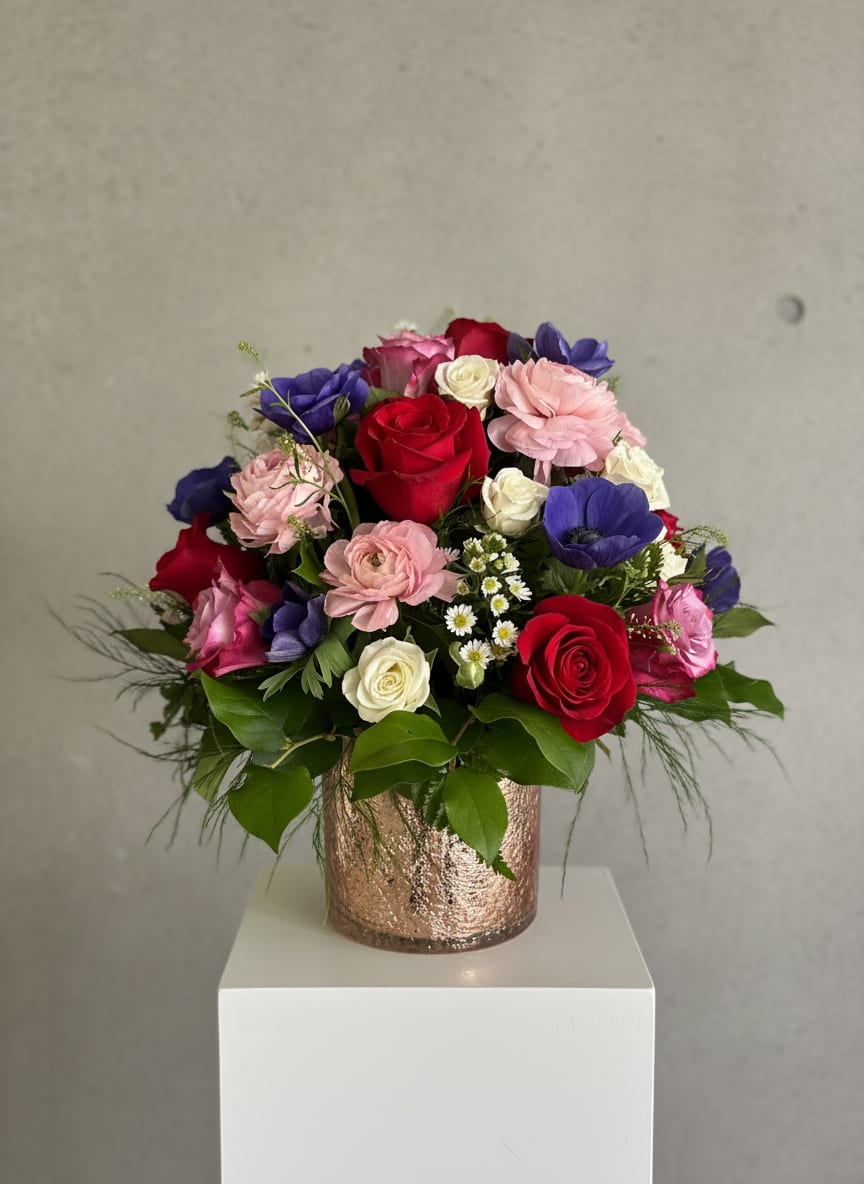 Chiflada - A bold mix of velvety red roses, soft pink blooms, and deep purple flowers creates an immediately eye-catching birthday bouquet and a confident way to say "thank you." The rounded, tightly gathered silhouette sits above a reflective metallic vase, giving the arrangement a modern, celebratory feel that makes the recipient feel truly seen and spoiled.  This full, layered design pairs red roses with ranunculus, anemone (when available) and daisy-like fillers for contrast and texture, all framed by broad green foliage. The compact shape focuses attention on the vivid color contrasts-warm reds against cooler purples-with delicate white accents adding lightness. The metallic vase adds shine and stability, making the arrangement an elegant display piece for a dining table or entryway.  Ideal for birthdays, thank-you gifts, or to mark a special milestone, Chiflada reads as playful, affectionate, and a little sassy-the kind of bouquet that makes someone grin. Purple anemone is included when available; if not, we'll substitute blooms of equal value to preserve the same spirited look.