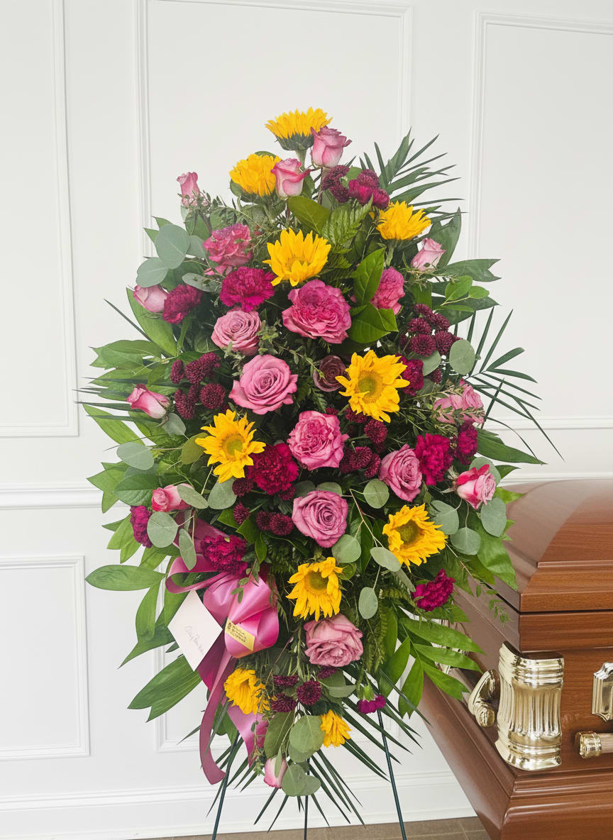 My Sunshine Tribute - A tall, expressive standing spray built to comfort and honor - perfect as a sympathy arrangement for a funeral or memorial service. My Sunshine Tribute pairs bright yellow sunflowers with soft pink roses and deep magenta accents to create a heartfelt visual message; the overall effect is uplifting without losing the formality appropriate for remembrance.  This large standing spray is arranged on a sympathy easel with broad greenery and palm-like fronds that give it a dramatic, layered silhouette. The dense mix of roses, sunflowers, carnations and other seasonal blooms creates rich texture and vivid color contrast in pink, yellow, purple, and green. A pink ribbon and attached card at the base lend a ceremonial finish and let you include a short personal message.  Choose this tribute when you want the person you're honoring to be remembered with warmth and brightness - a floral expression that balances cheer and solemnity. Because it's a standing arrangement for services, it arrives ready to display on the easel; include your card message at checkout and we'll prepare the ribbon and placement for the ceremony.