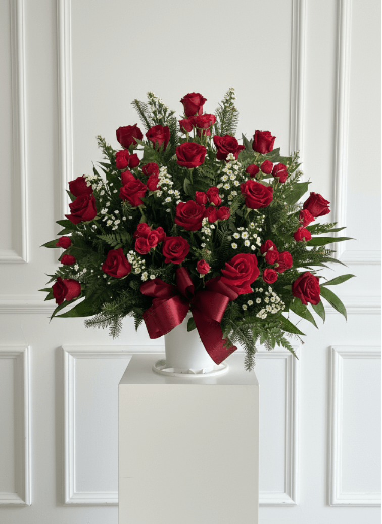 Heartfelt Basket - A dense cluster of deep red roses rises from a crisp white vase, creating a rounded, elevated silhouette that quietly commands attention - a sympathy and funeral arrangement that reads as both respectful and deeply comforting. The Heartfelt Basket's rich red roses and small white filler flowers form a lush, classic composition that conveys love and remembrance without excess, making it an appropriate choice for honoring a life or sending condolences.  Mixed greenery weaves through the roses, softening the round shape and adding natural texture, while a large burgundy ribbon tied at the front of the white vase gives the piece a formal, refined touch. Spray roses and other complementary blooms fill the design for volume and subtle color variation against the striking red-and-white contrast. The overall size and elevated presentation make it suitable for placement on a memorial table, near a casket, or as a comforting display in the home.  Choose this arrangement when you want the person you're honoring to feel remembered and loved - it's the kind of tribute that reads as heartfelt and timeless. Arrives ready to display in its white vase; simple care (fresh water and a cool spot away from direct sun) will keep the roses looking dignified for as long as possible.