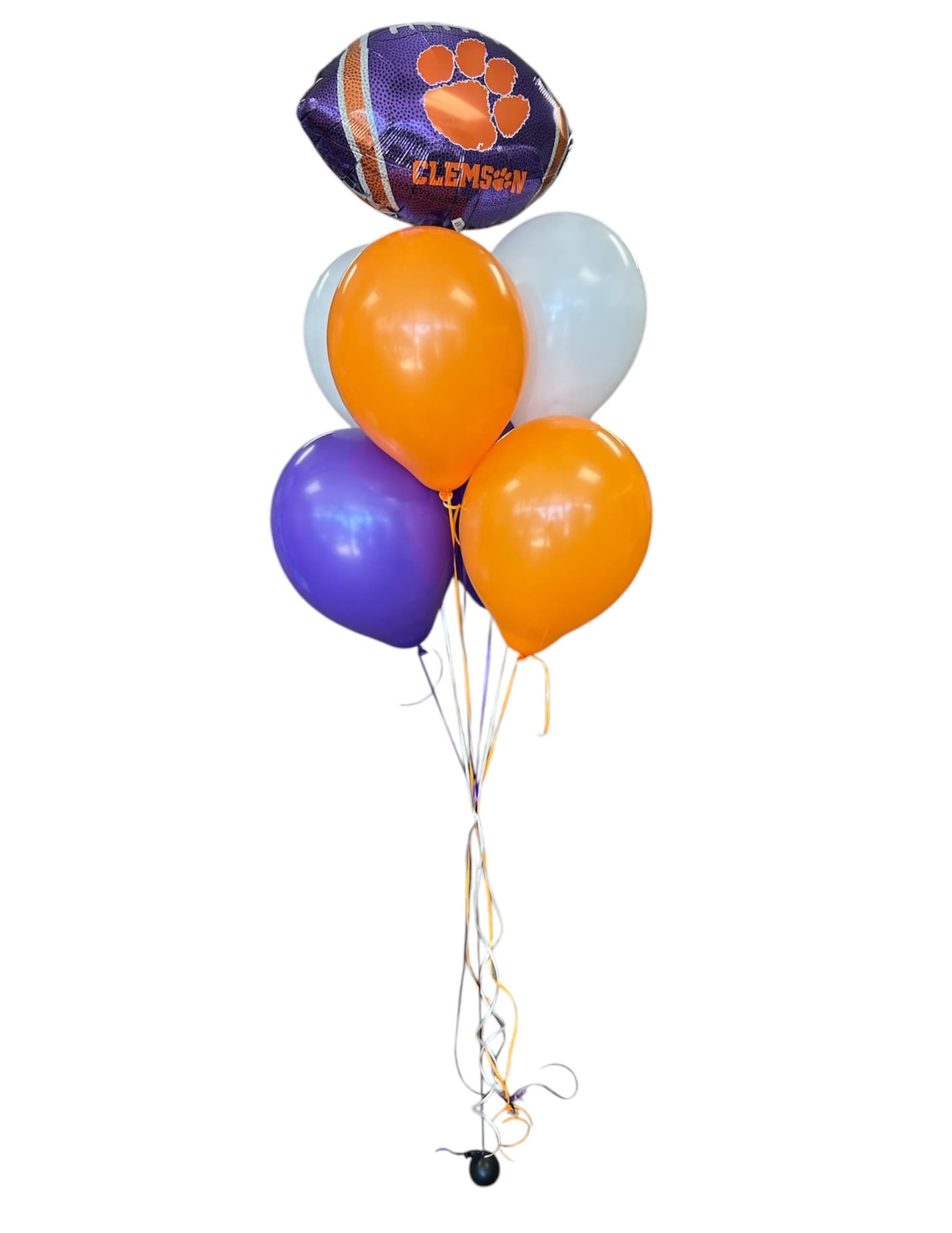 Cluster of Clemson-themed balloons in purple, orange, and white